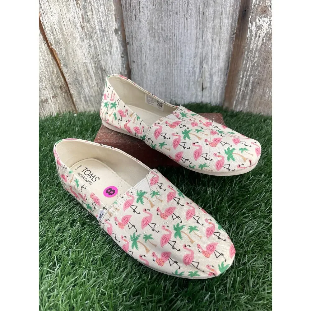 TOMS Alpargata Holiday Flamingos Graphic Slip-On Flats Casual Shoes Women's 8